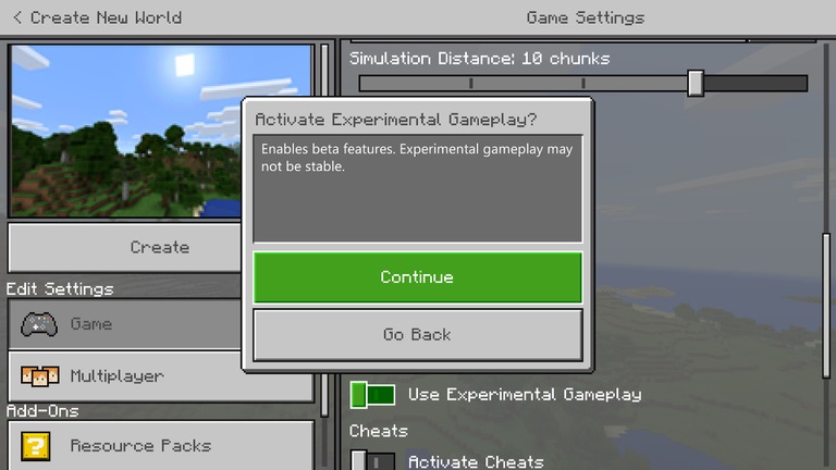 enable experimental features minecraft bedrock