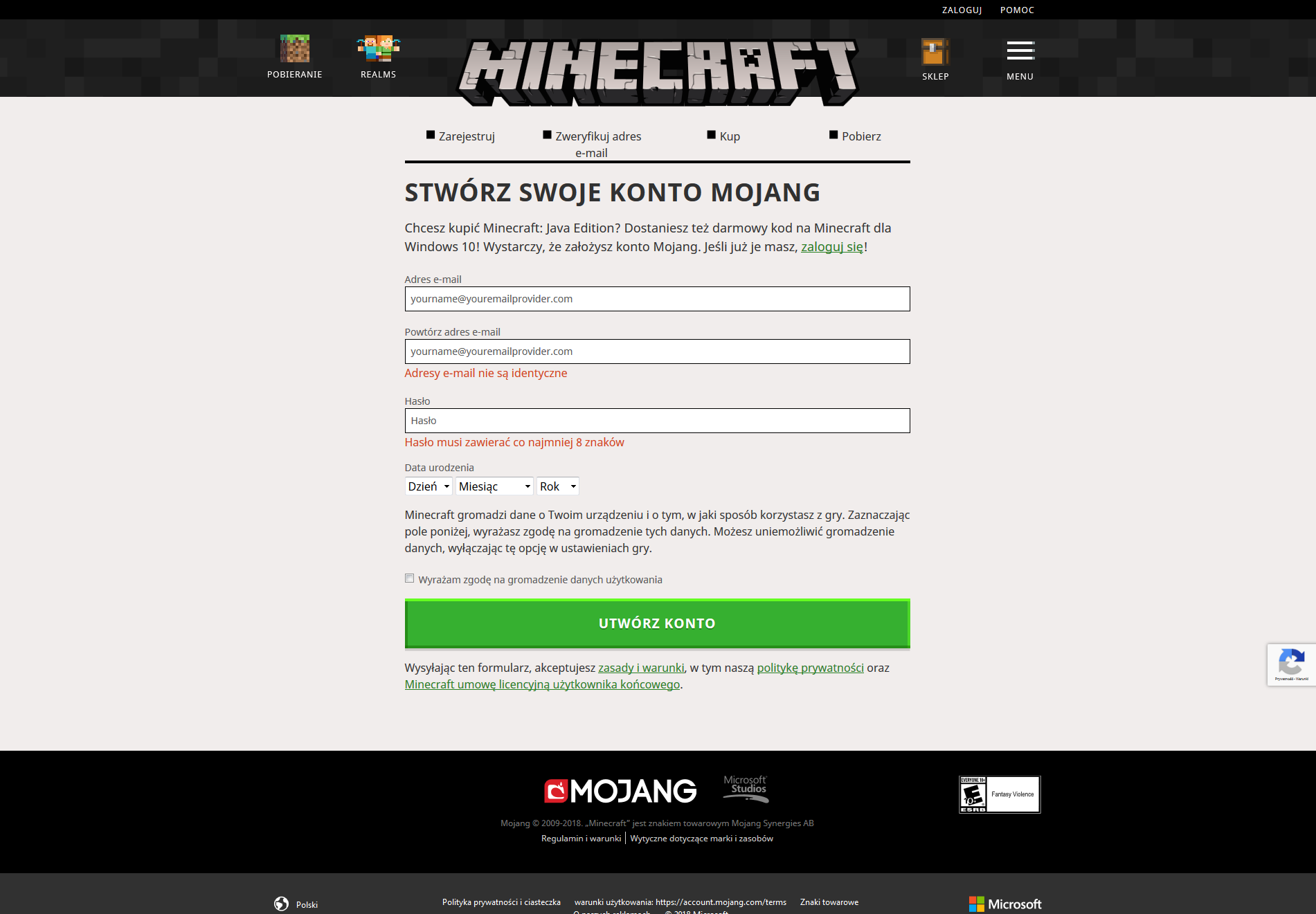 stworz konto mojang minecraft